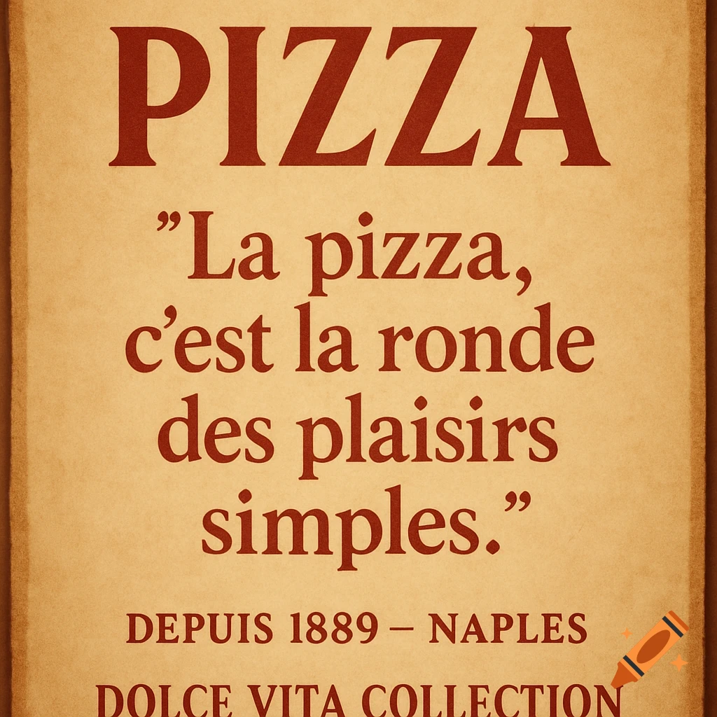 Vintage Italian-style poster with dark red text on a beige textured background, advertising pizza.