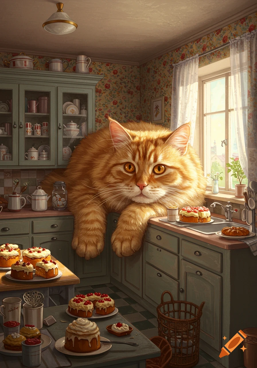 A giant fluffy orange cat lies on a kitchen counter, surrounded by cakes and pastries, looking at the viewer.