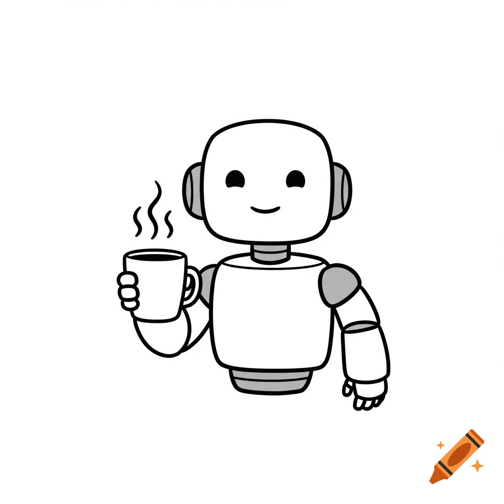 A minimalist outline icon of a cute smiling robot holding a steaming cup of coffee.