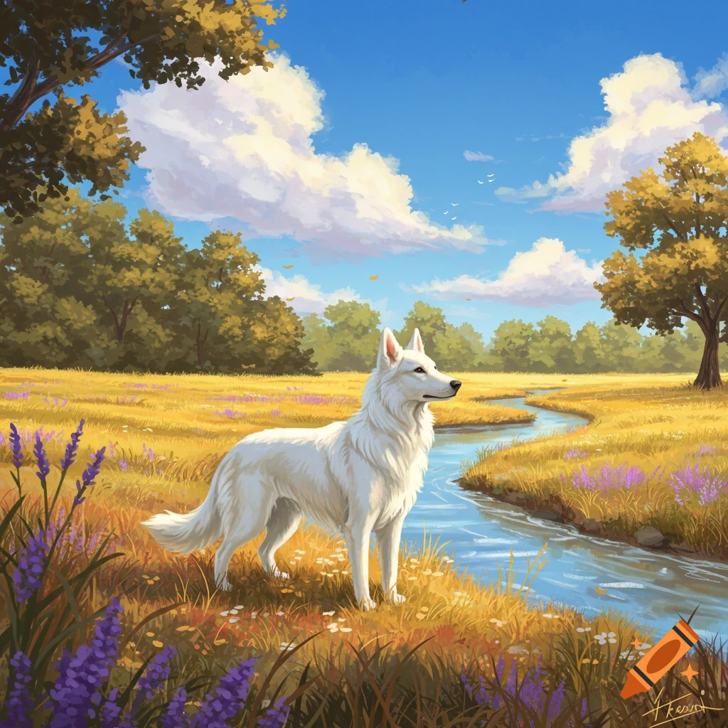 A white dog stands in a golden field next to a winding stream, with trees, purple flowers, and a blue sky with clouds.