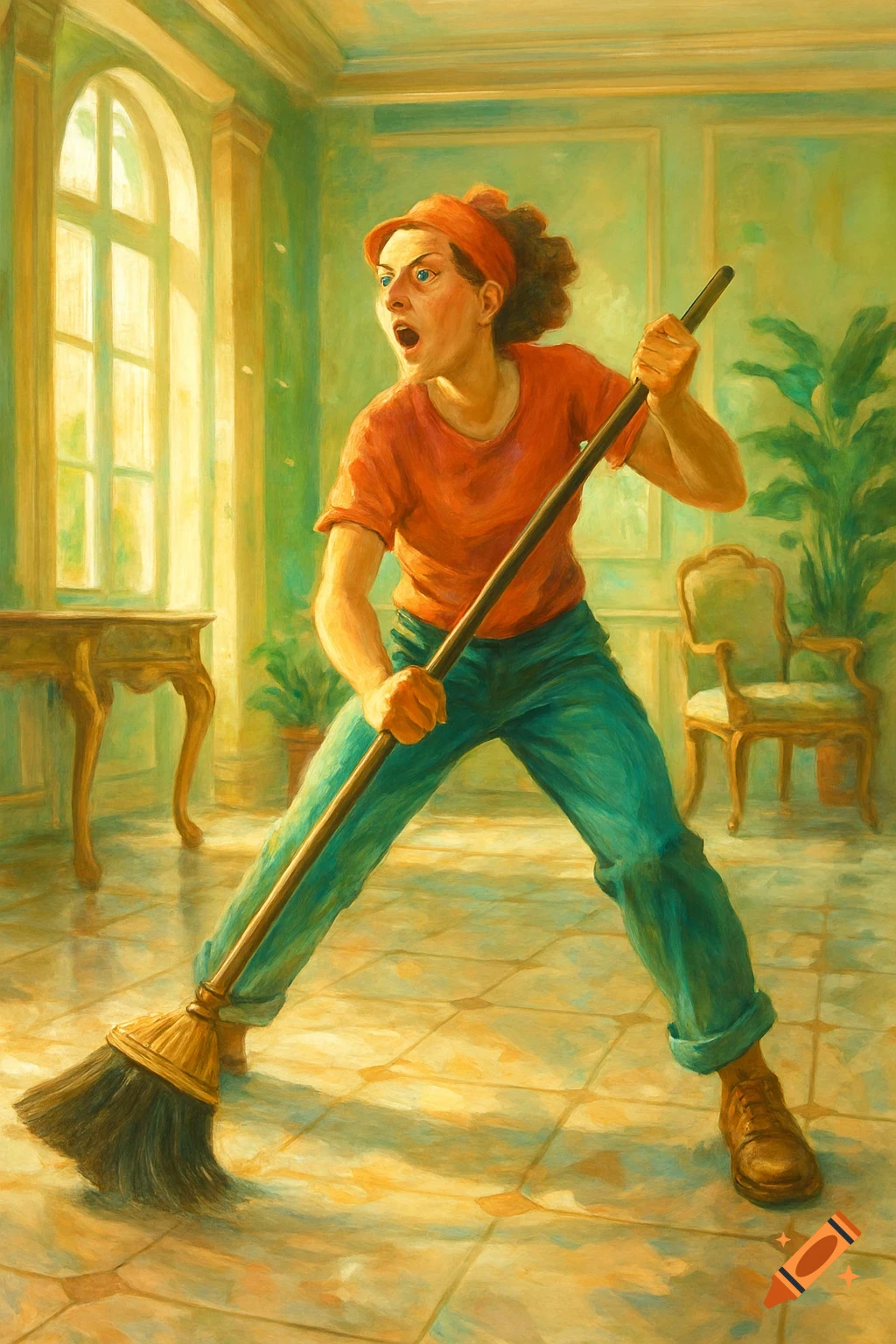 A person with a red headband and shirt sweeps a sunlit tiled room with a broom, looking surprised. Painterly style.