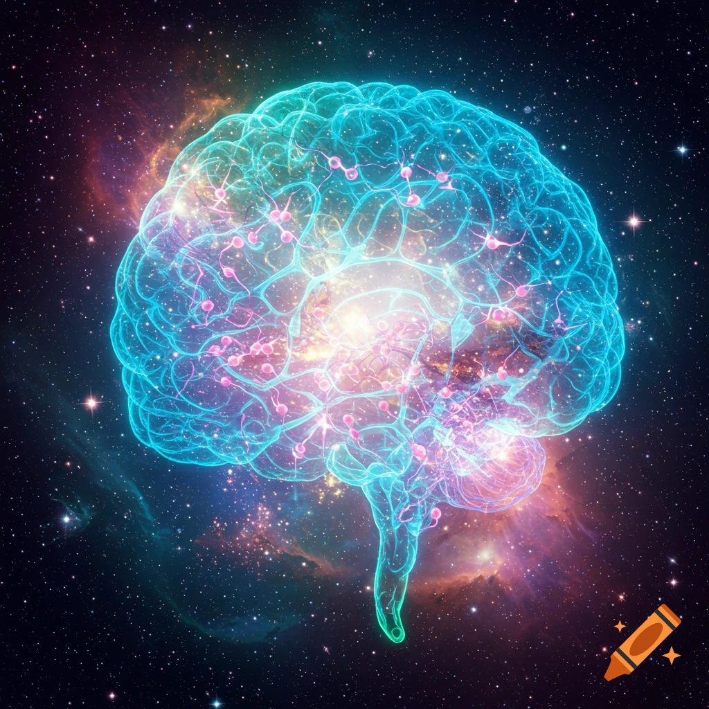 A glowing, translucent blue-green brain with intricate pink neural connections floating in a starry cosmic galaxy.