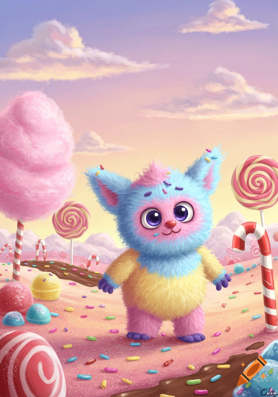A cute, fluffy, blue, pink, and yellow creature stands in a vibrant candy land with lollipops and cotton candy under a pastel sky, illustrated.