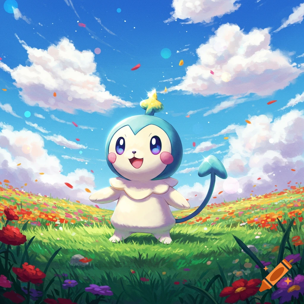 A cute, blue and white squirrel-like creature stands in a vibrant field of colorful flowers under a bright blue sky, anime illustration.