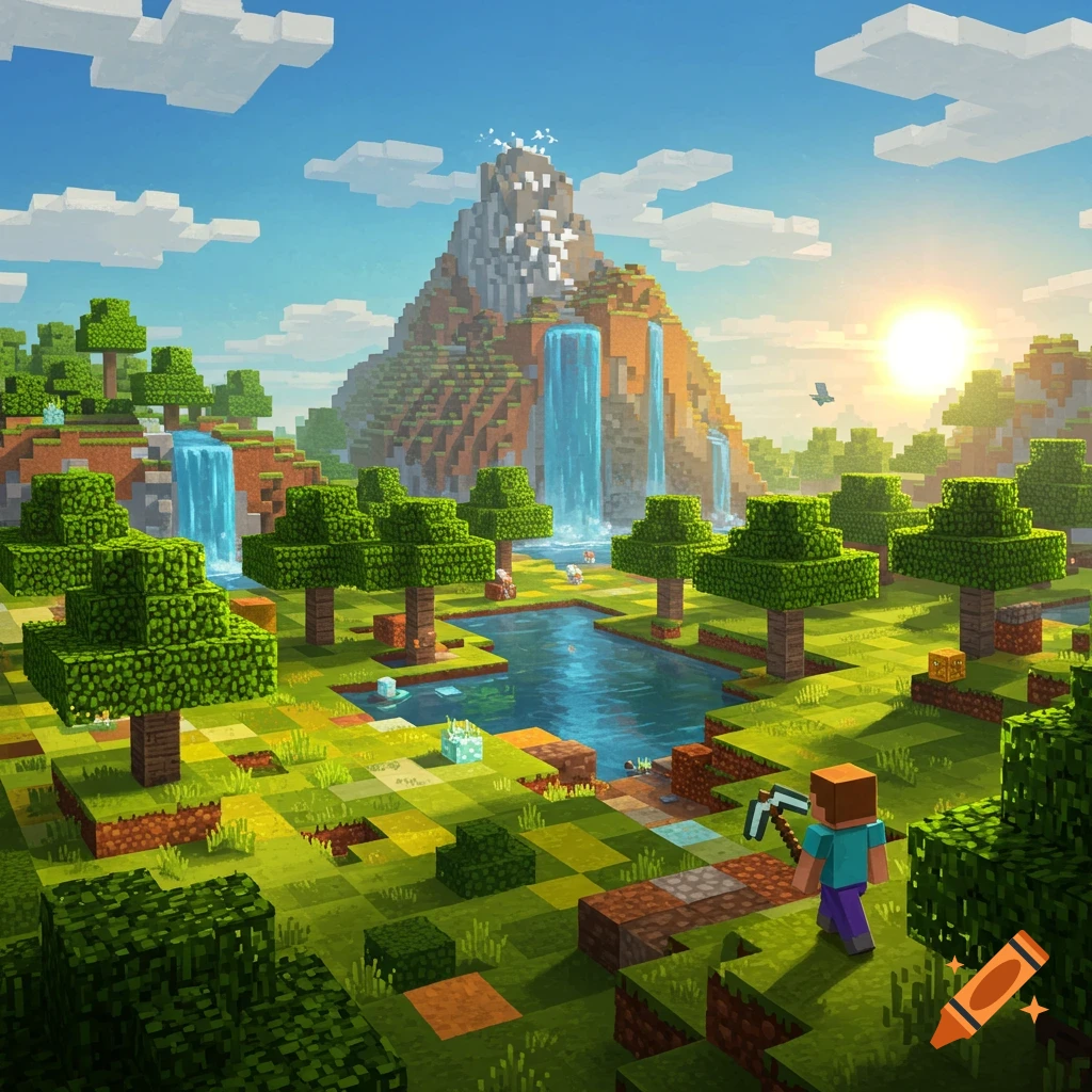 A blocky Minecraft landscape with a character holding a pickaxe, mountains, waterfalls, and trees under a sunny sky.