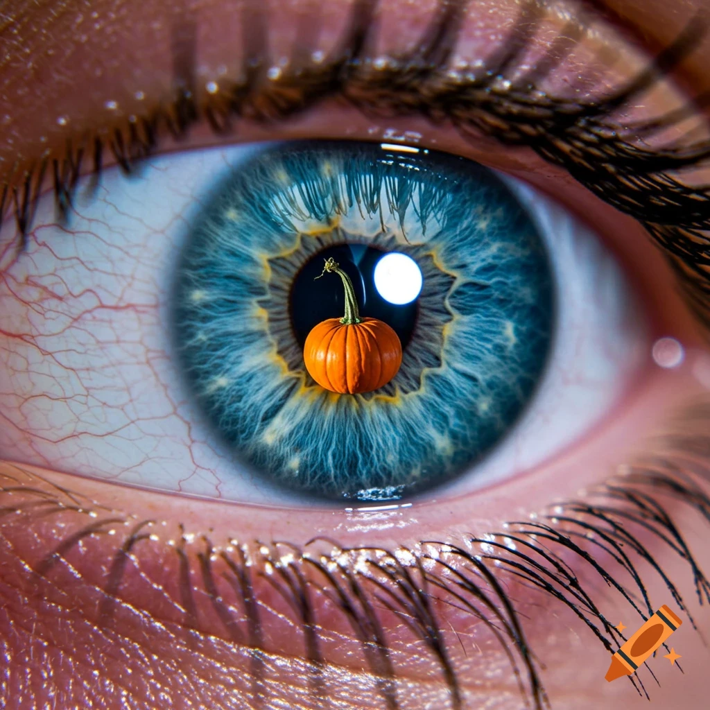A hyperrealistic macro close-up of a blue human eye with a small orange pumpkin reflected in its pupil.