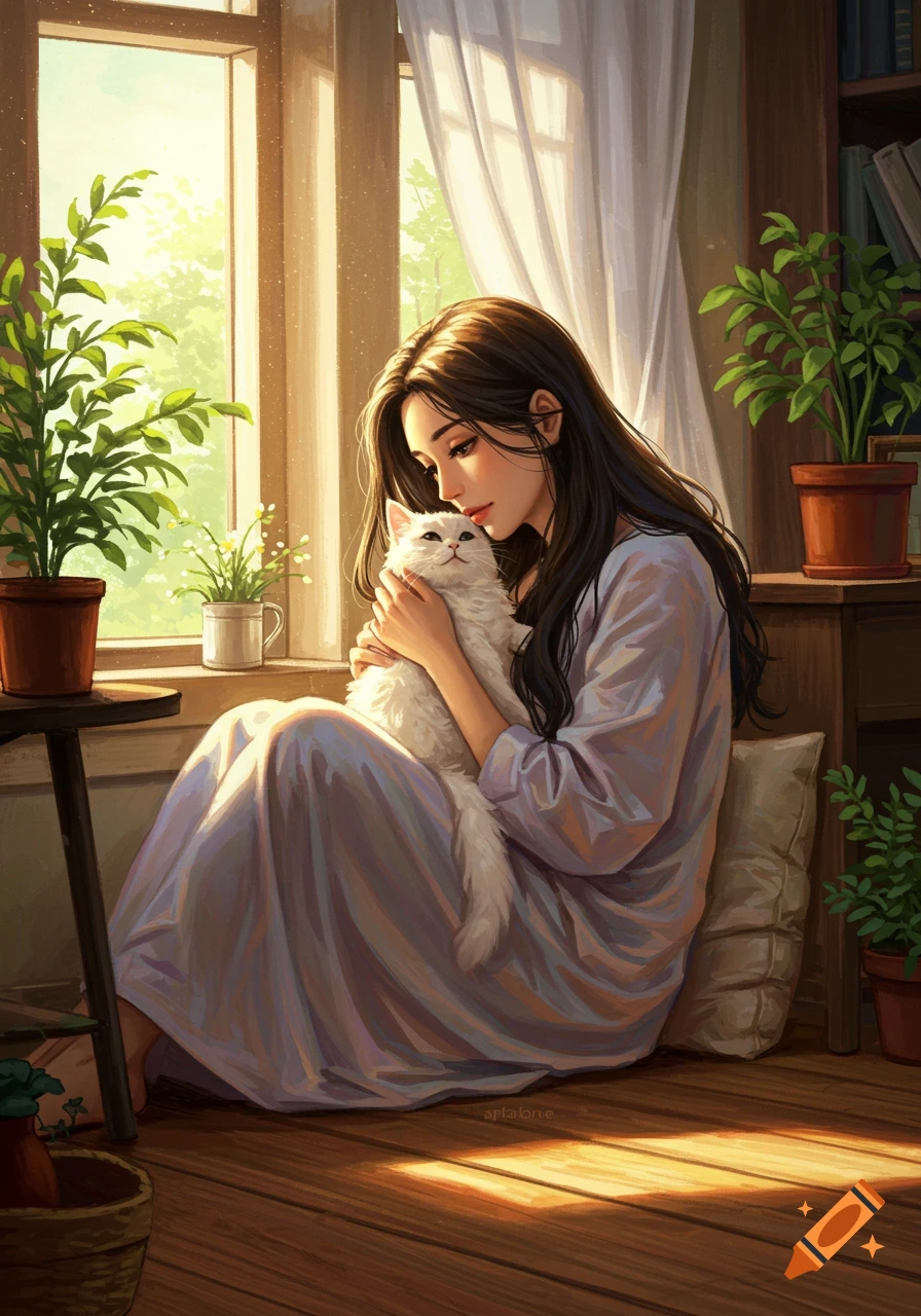A young woman with long dark hair sits on a sunlit wooden floor, gently hugging a white cat in a cozy room with potted plants, digital art.