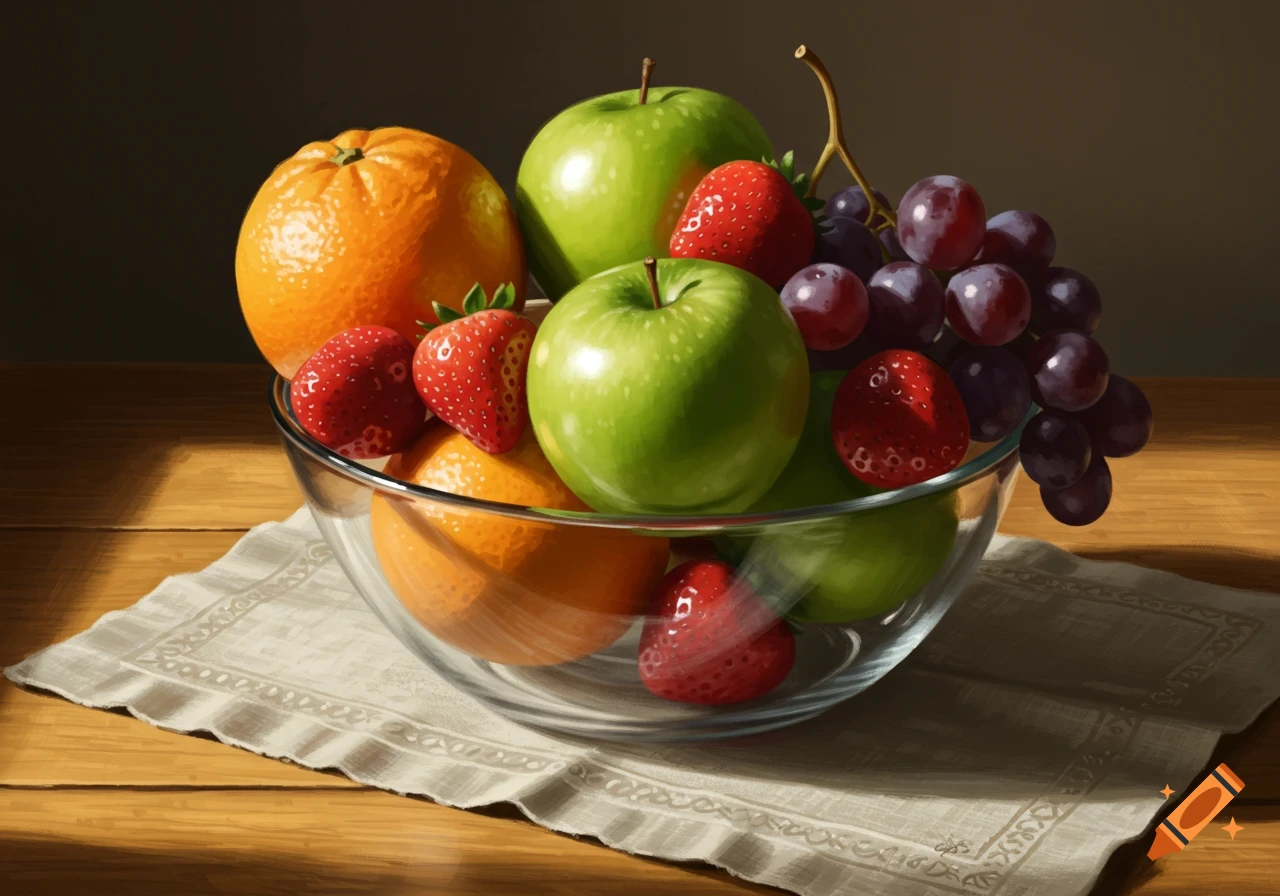 Photorealistic still life of oranges, green apples, strawberries, and grapes in a glass bowl on a wooden table.