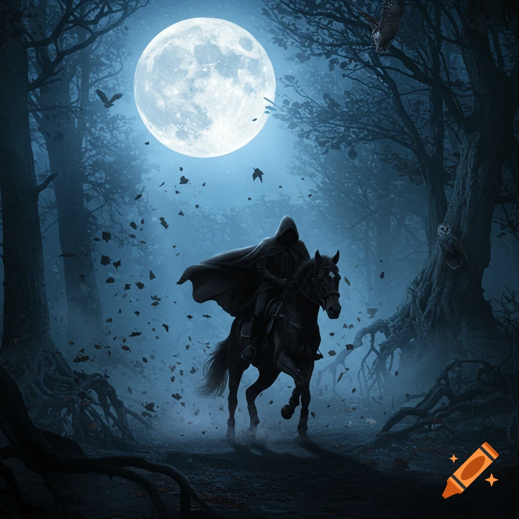 A dark hooded rider on a horse trots through a misty, moonlit forest with gnarled trees, falling leaves, and owls.