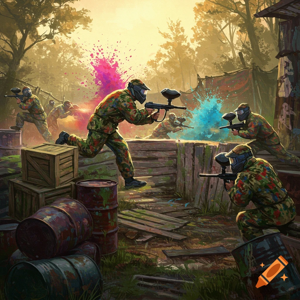 Dynamic illustration of people playing paintball in a wooded area, with colorful paint splattering.