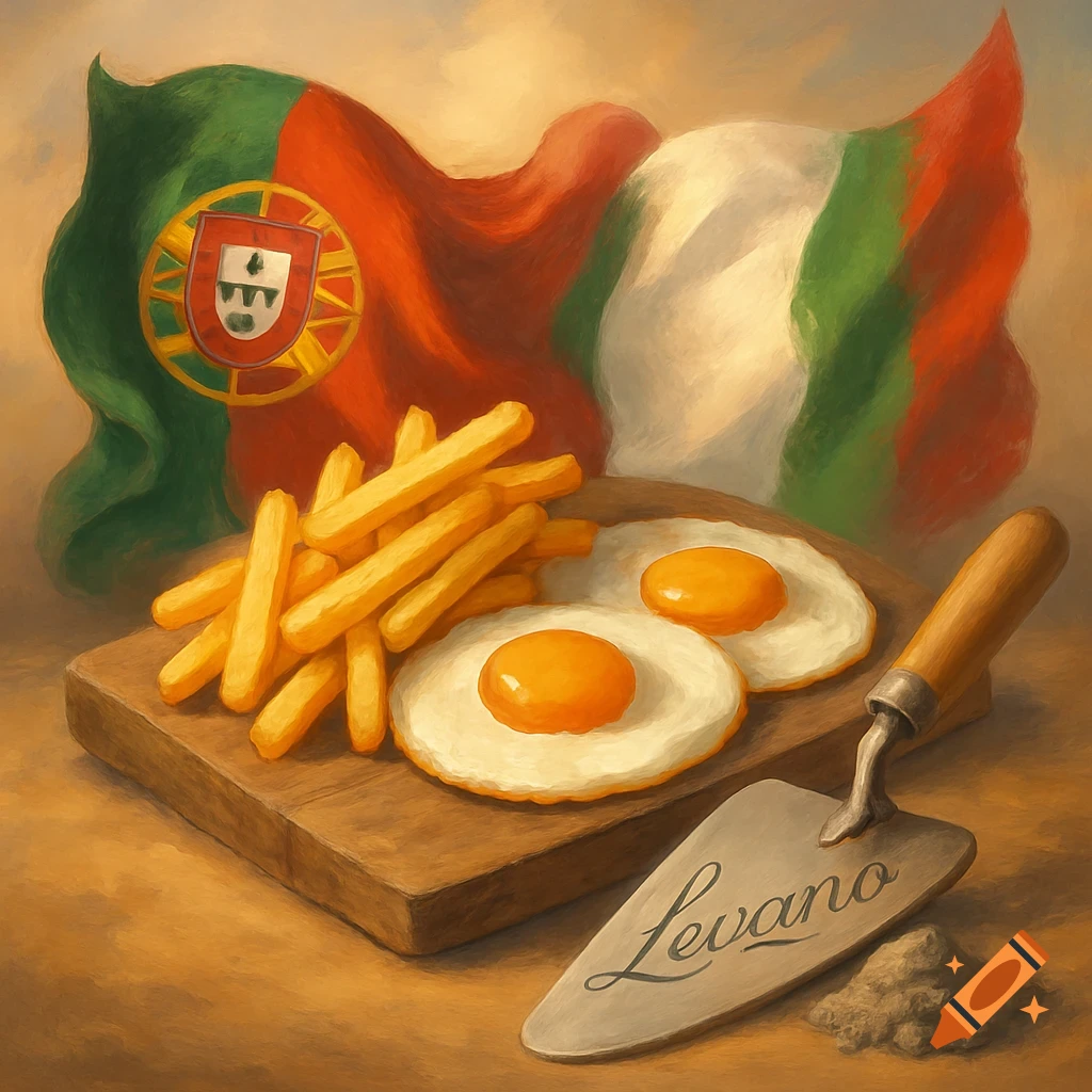 Painting of french fries, fried eggs, Portuguese and Italian flags, a trowel with 'Levano', and cement.
