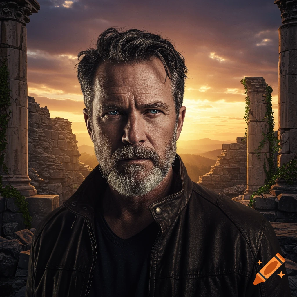 A serious bearded man in a leather jacket stands before ancient ruins at sunset.