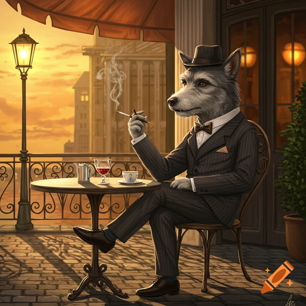 A distinguished anthropomorphic wolf in a suit and hat sits at an outdoor cafe table, smoking a cigarette on a balcony overlooking a city at sunset.