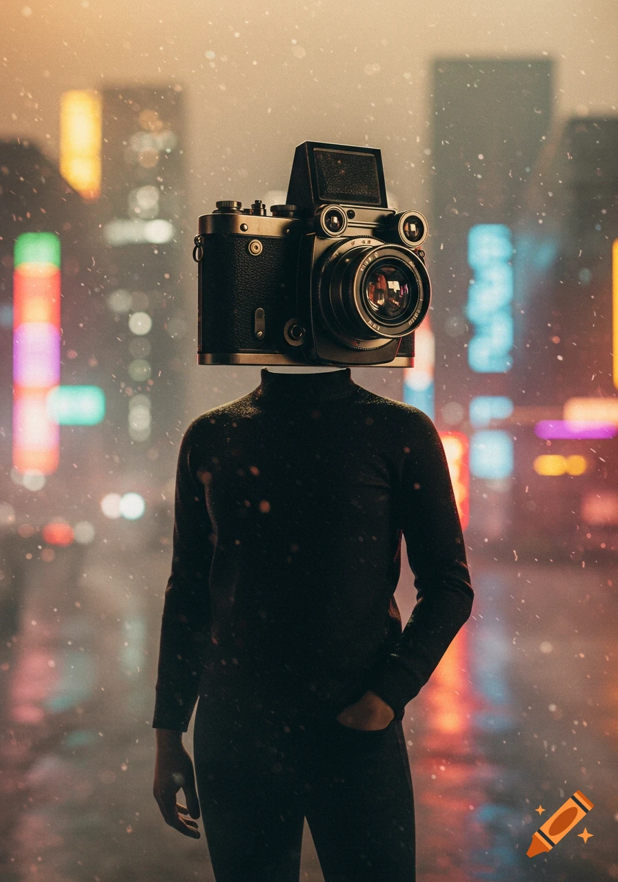 A person with a vintage camera for a head stands in a rainy, neon-lit city at night.