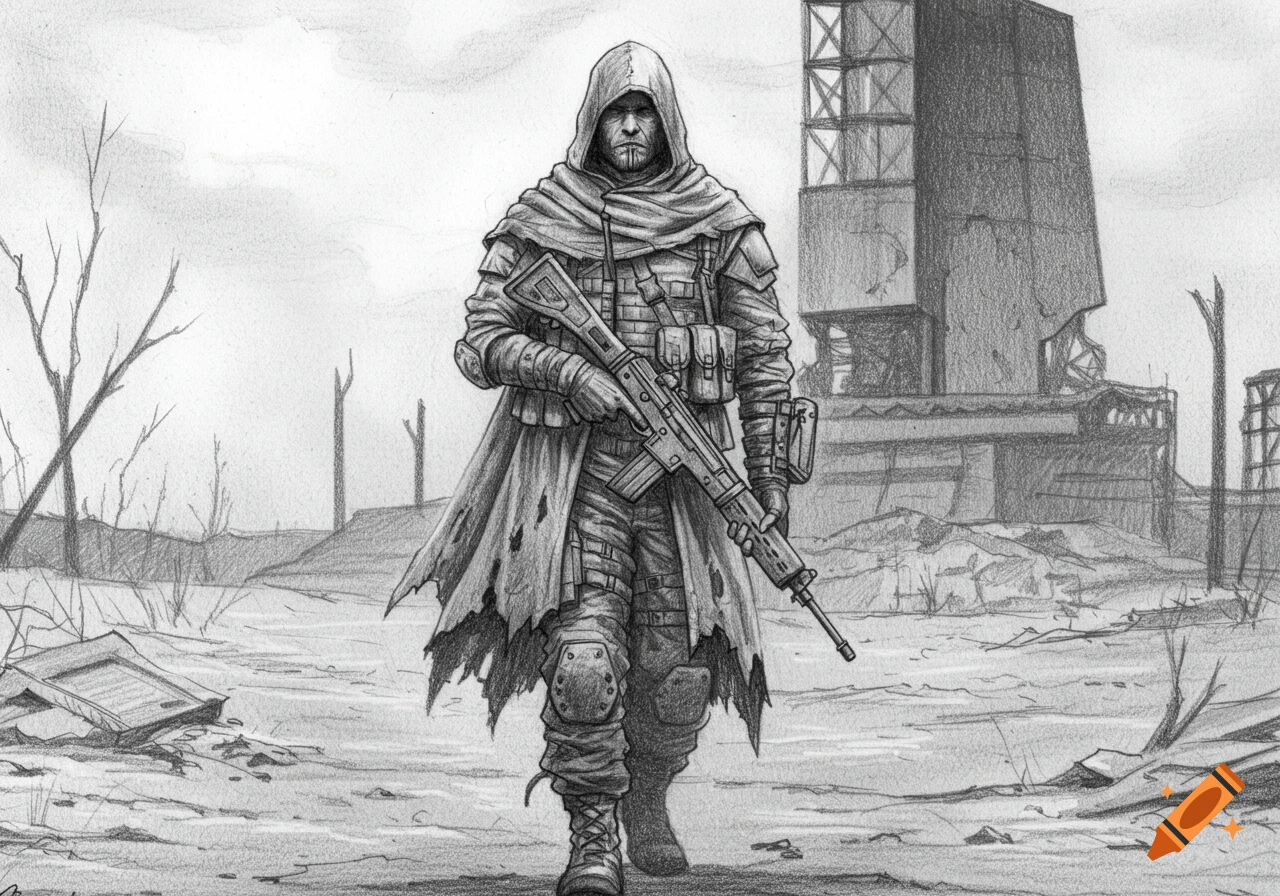 Pencil drawing of a hooded S.T.A.L.K.E.R character with a rifle and gear, walking in a post-apocalyptic wasteland with a large ruined structure.