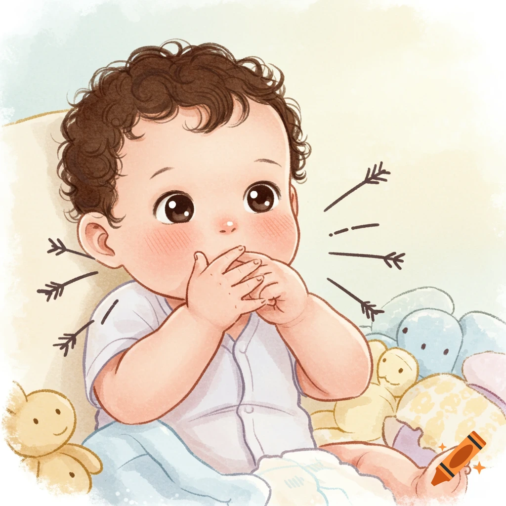 A cute baby with curly brown hair puts its hands to its mouth in a children's book watercolor style, with arrows indicating movement.