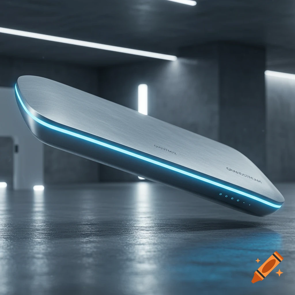 A sleek, silver oblong device with a glowing blue light strip and indicator lights, floating above a concrete floor in a modern, minimalist room.