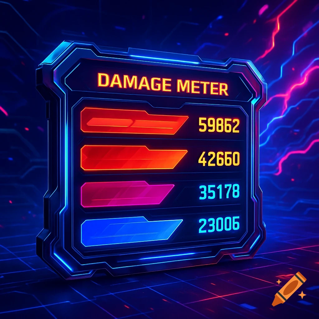 A glowing futuristic video game damage meter with red, orange, pink, and blue progress bars and numerical scores on a circuit background.