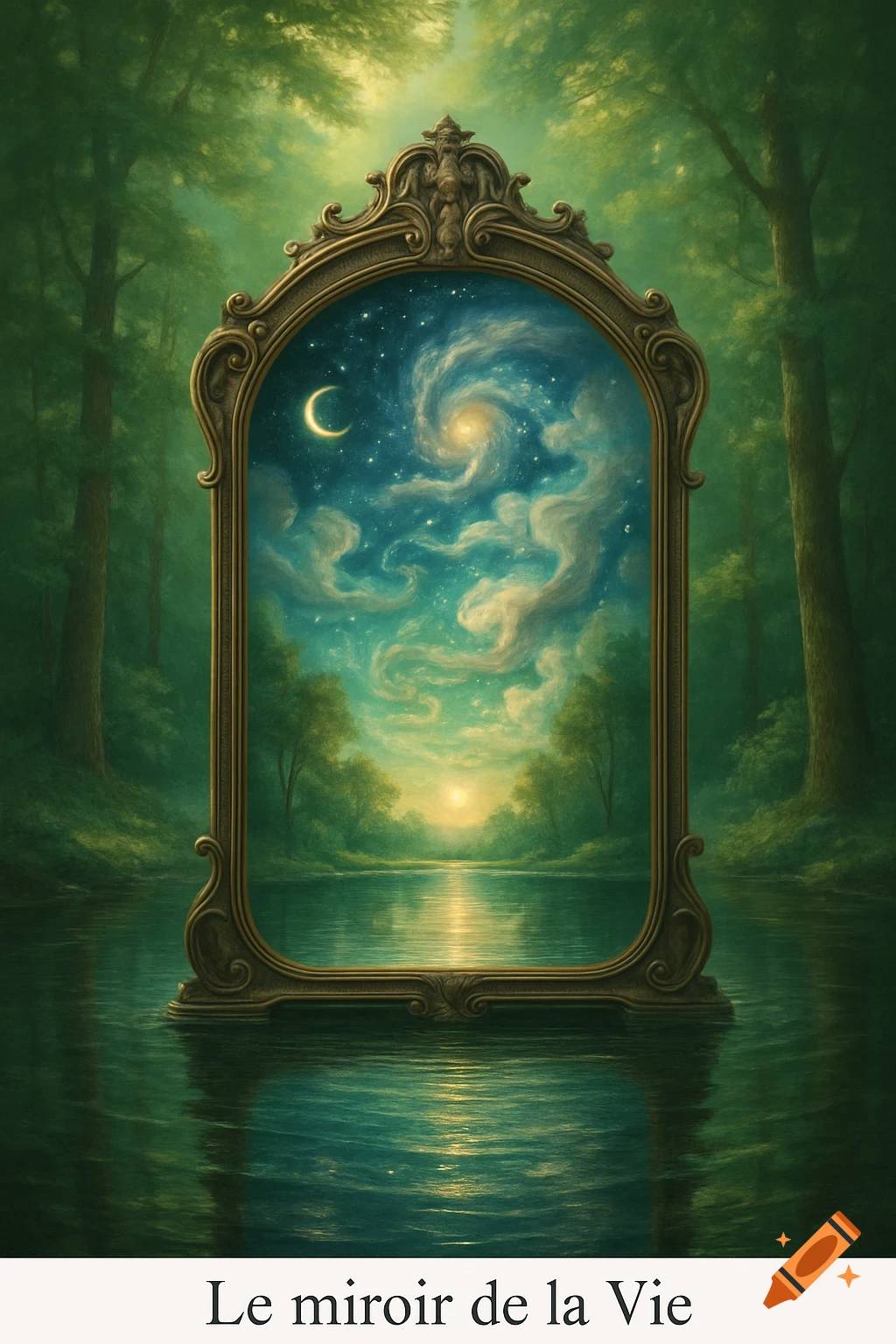 An ornate golden mirror stands in a lush green forest with a river, reflecting a vibrant celestial and water landscape. Text reads 'Le miroir de la Vie'.