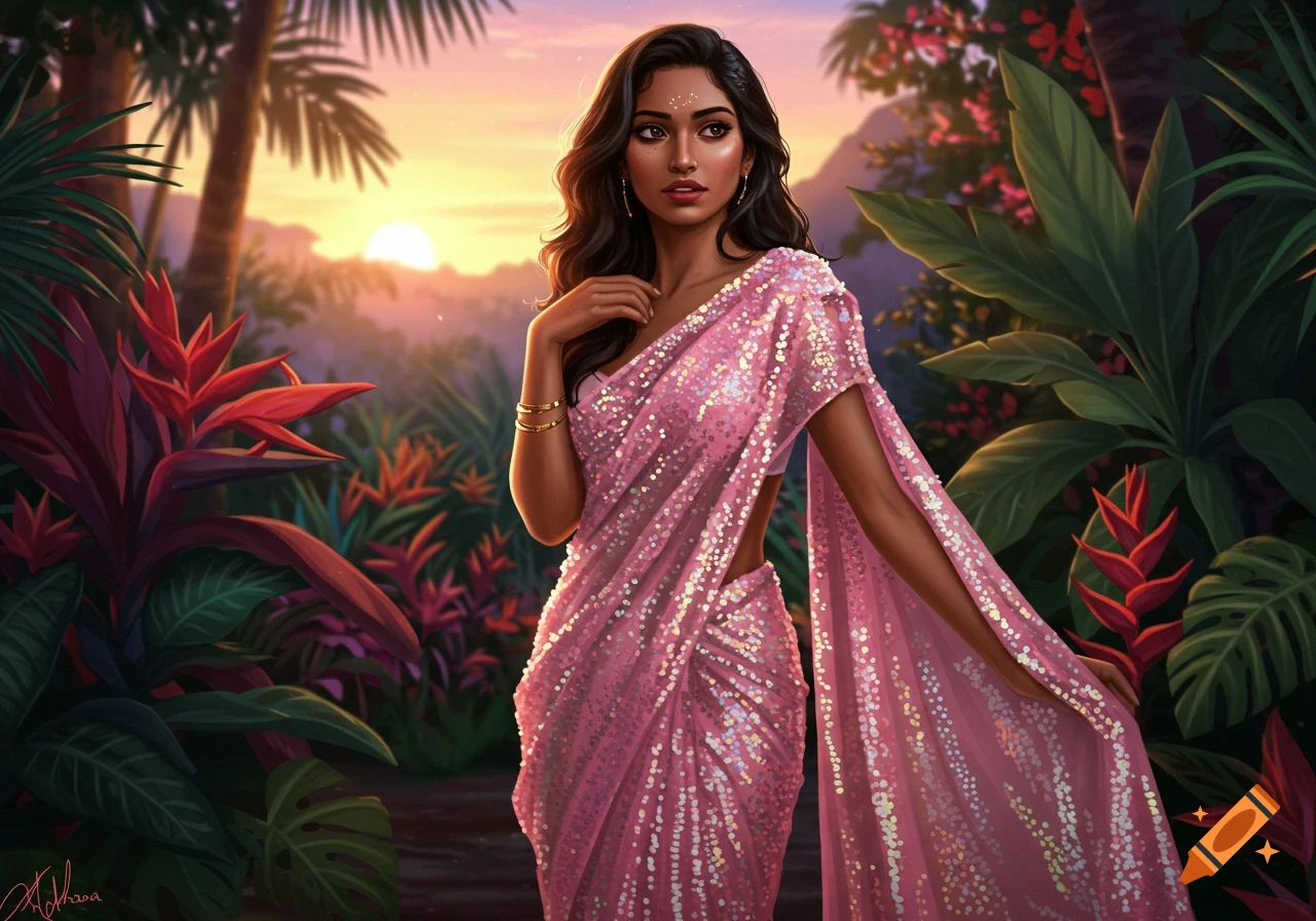 A beautiful woman in a shimmering pink sequin saree stands gracefully in a tropical jungle at sunset, digital art.
