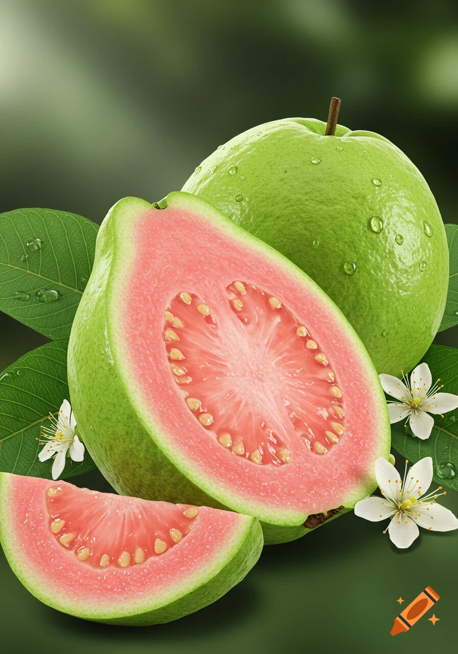 Photorealistic image of fresh guavas, one whole, one halved, and a slice, with leaves and white flowers, all covered in water droplets.