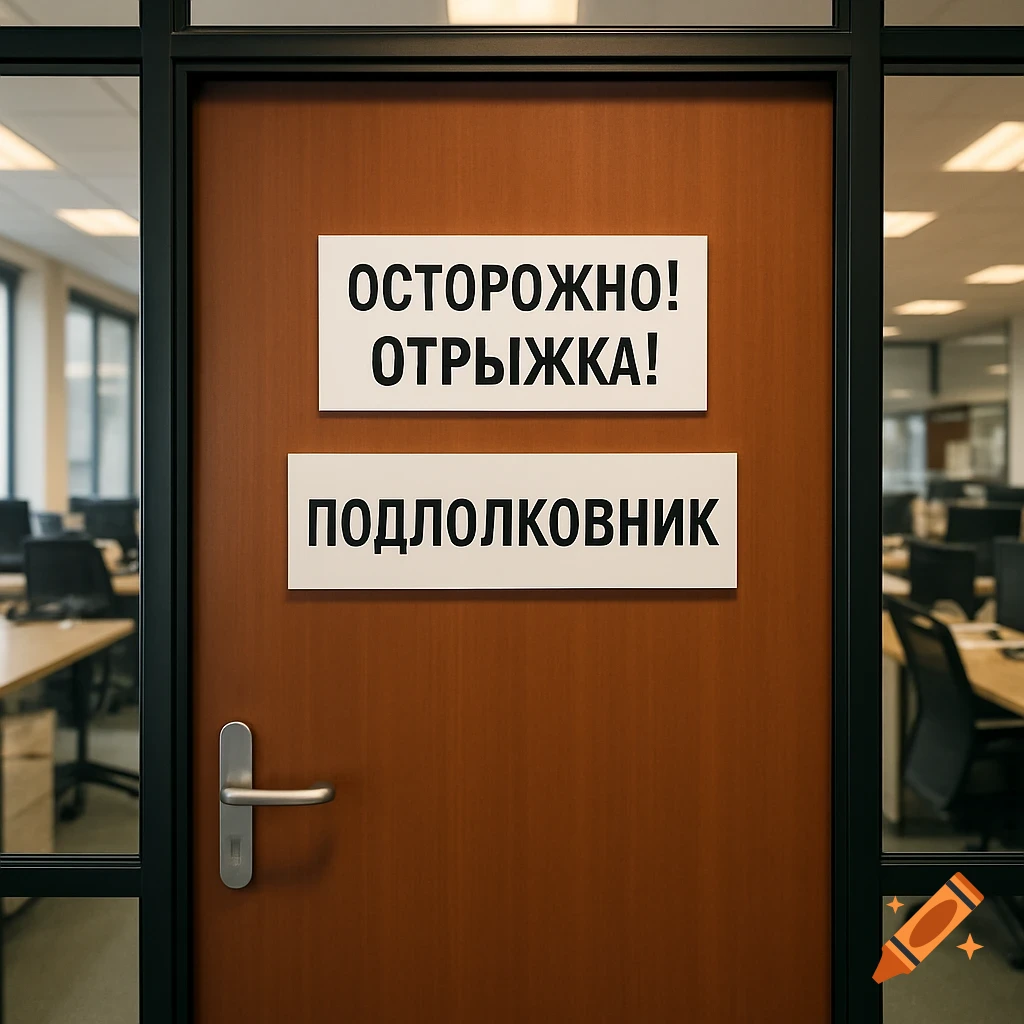 A photorealistic wooden office door with a silver handle, two Russian signs, and glass windows looking into an office.
