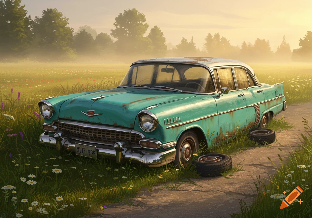 A teal, rusty vintage car with loose tires on a dirt path in a sunny field with wildflowers and trees, artistic style.