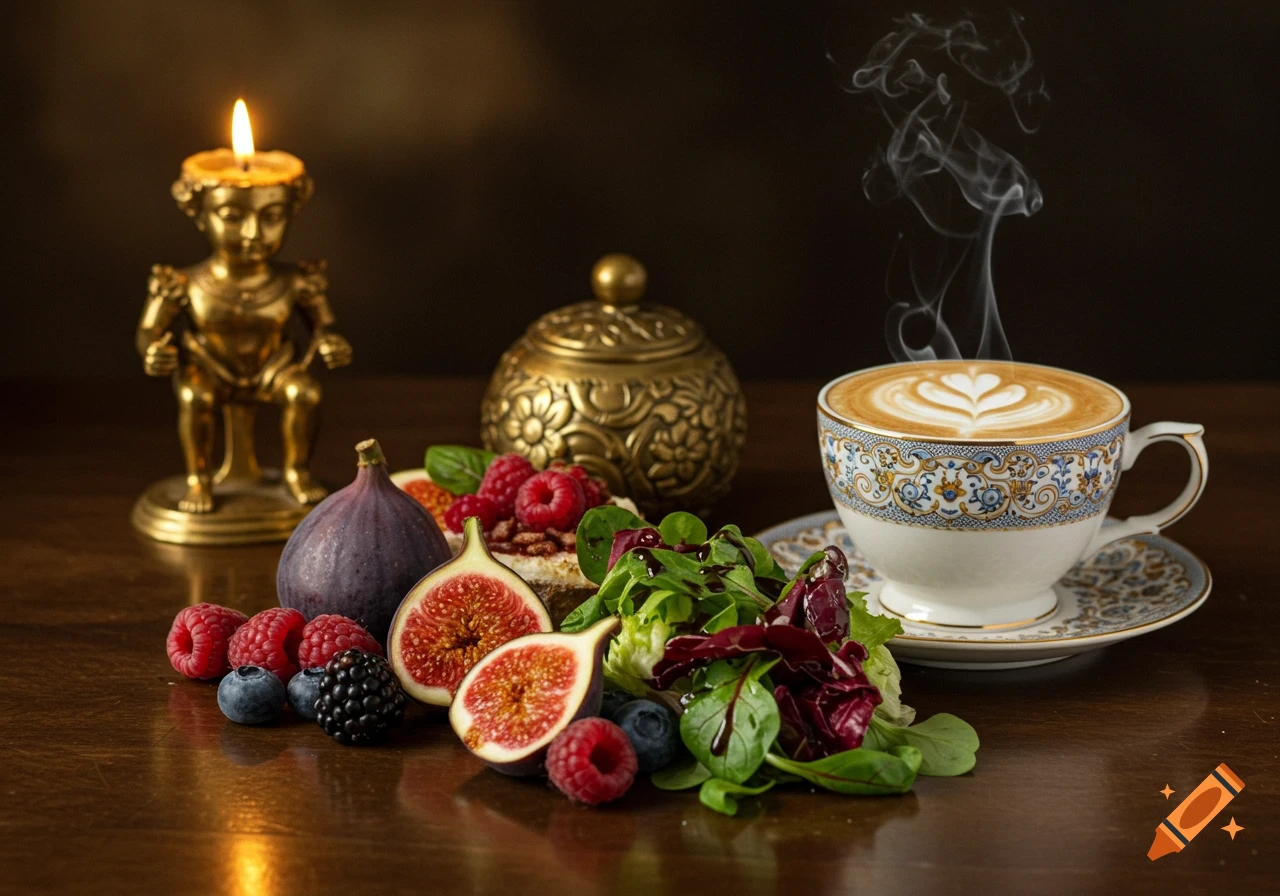 Photorealistic still life with a steaming latte, fresh figs, berries, salad, a lit golden candle holder, and an ornate golden pot.
