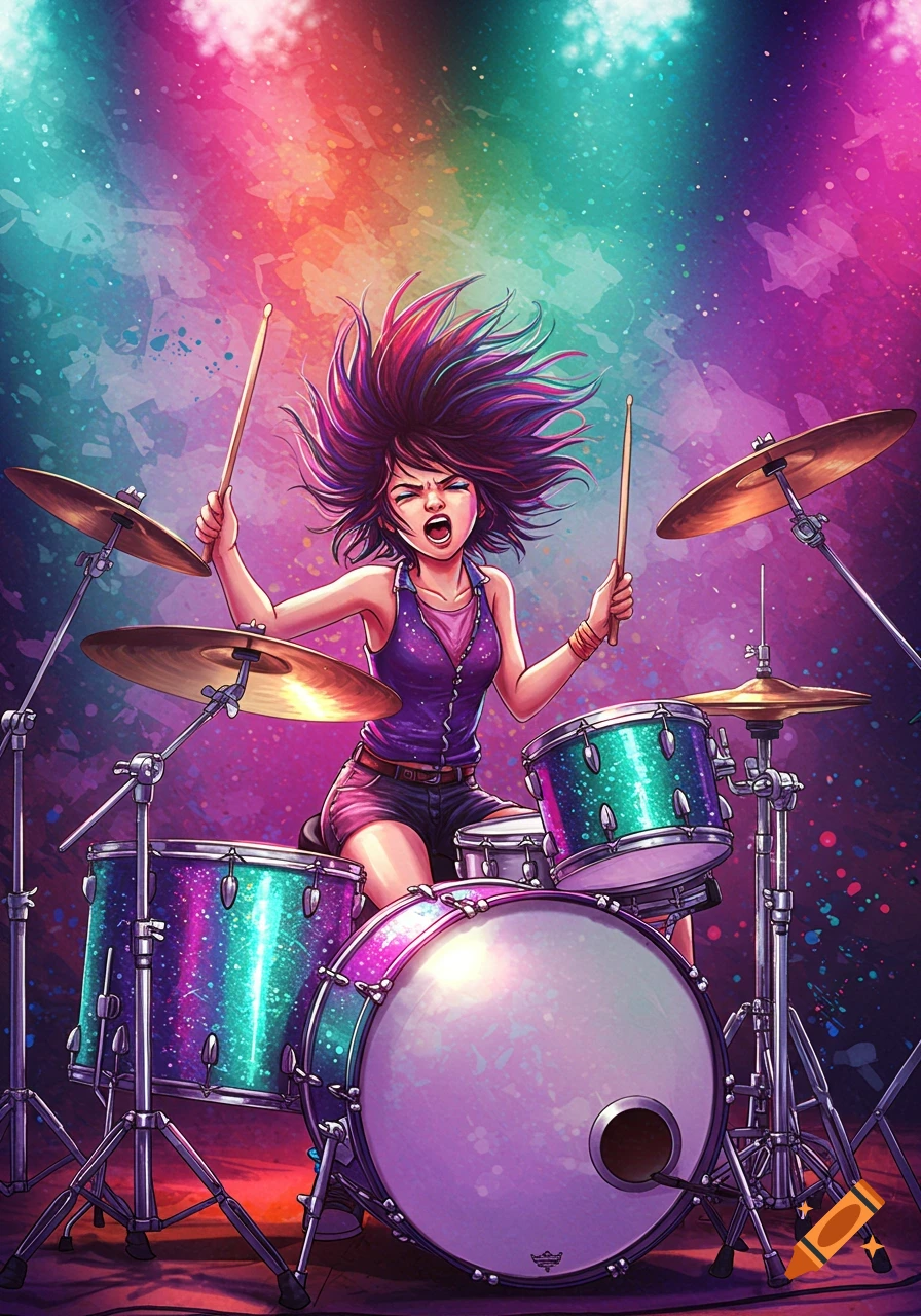 An energetic, stylized drummer girl with wild purple hair plays a glittery drum kit under colorful stage lights.