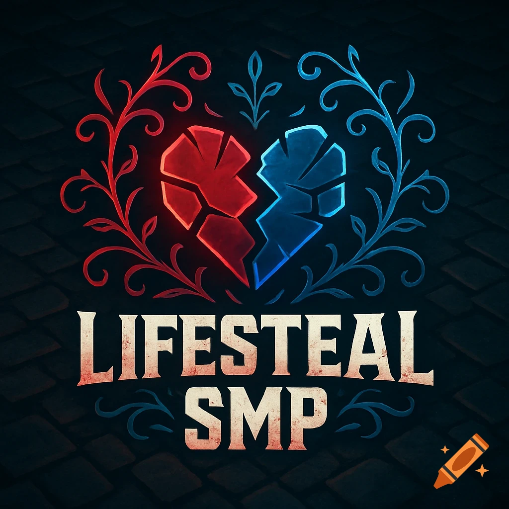 A stylized logo with a red and blue broken heart emblem surrounded by flourishes, above the words 'LIFESTEAL SMP' on a dark background.