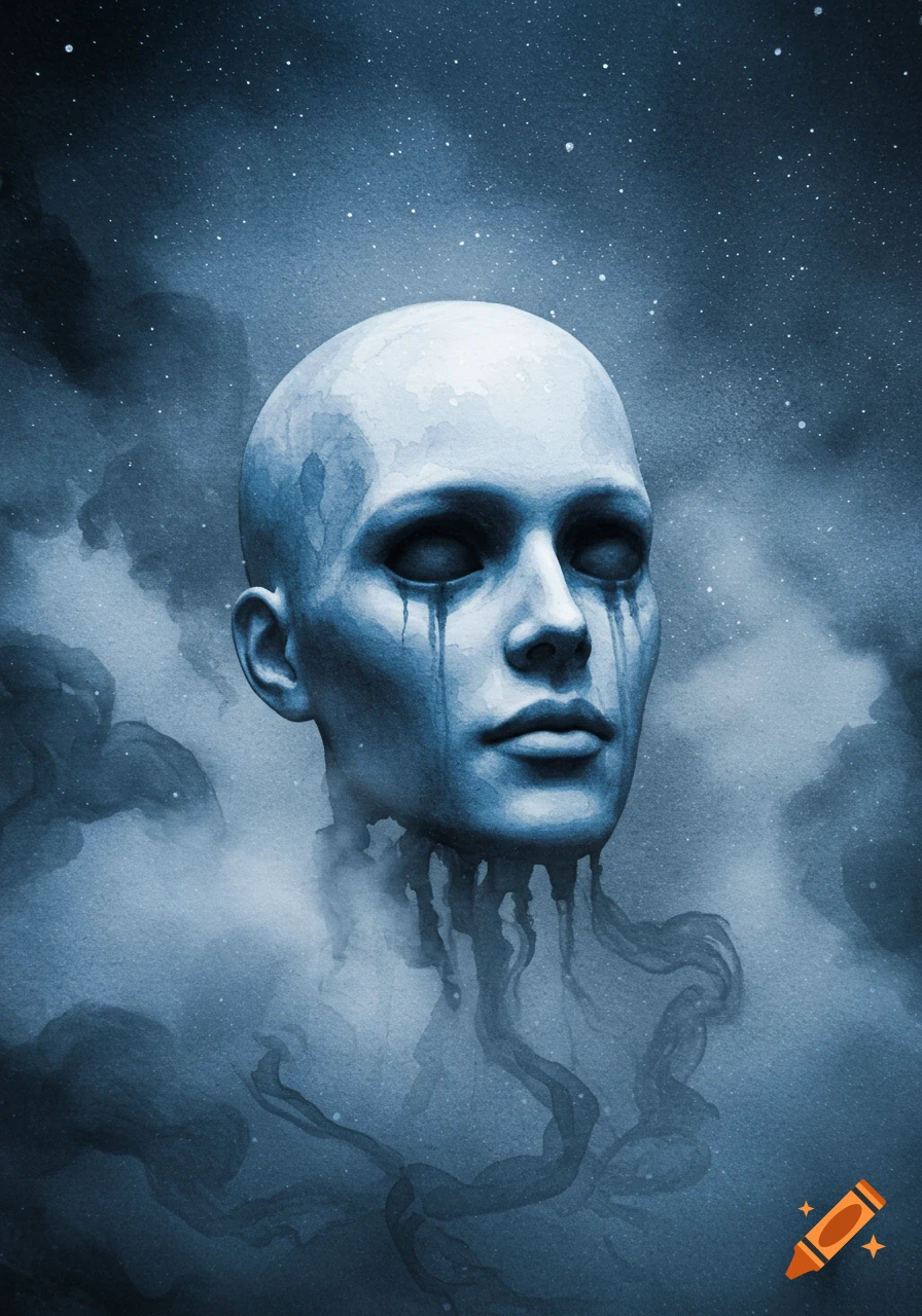 A creepy watercolor of a bald, pale blue head with hollow eyes and blue tears dripping, floating in a misty, starry night sky.