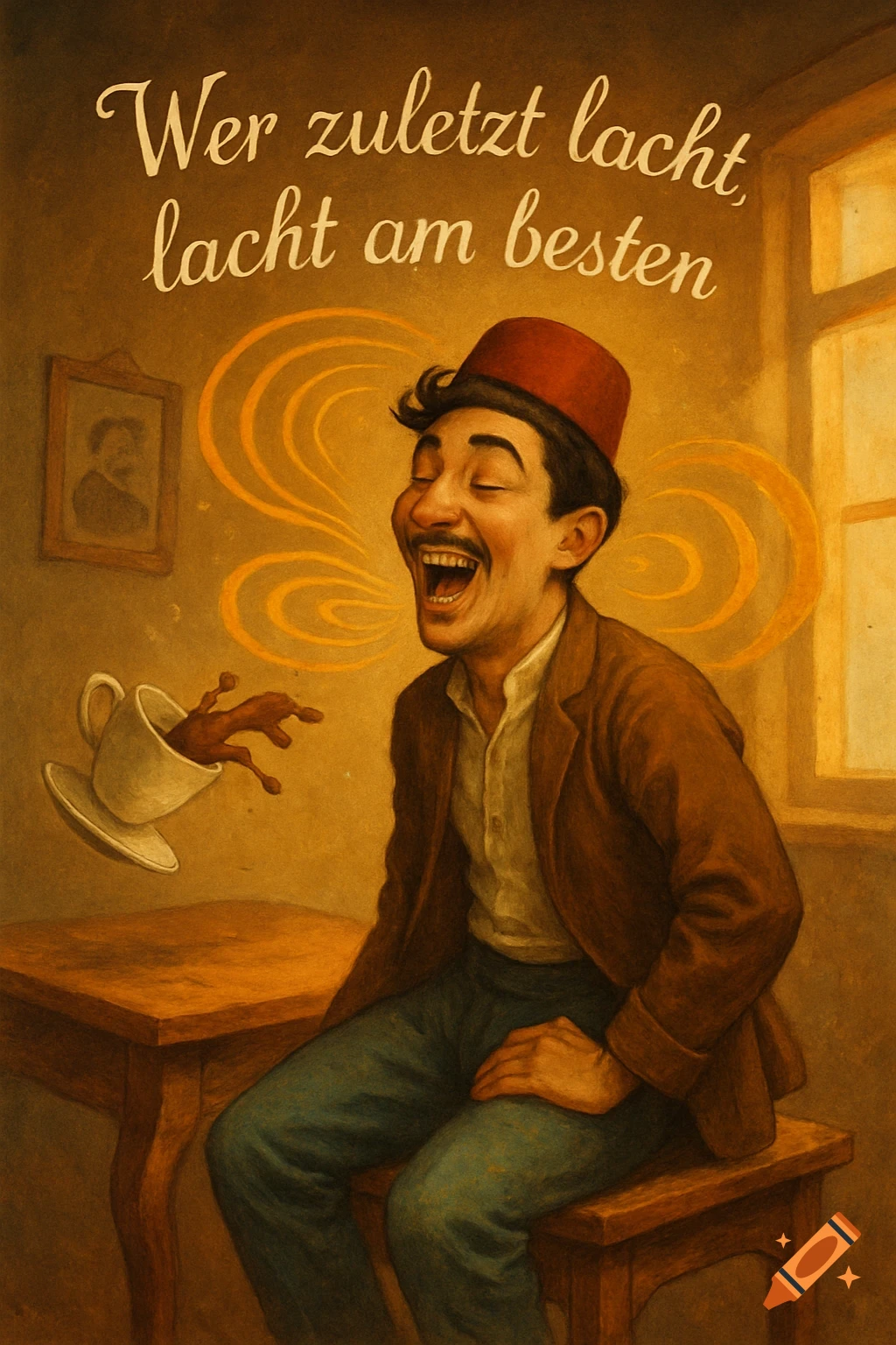 A man in a fez laughs heartily as a coffee cup with a small brown creature spills nearby, with German text above.