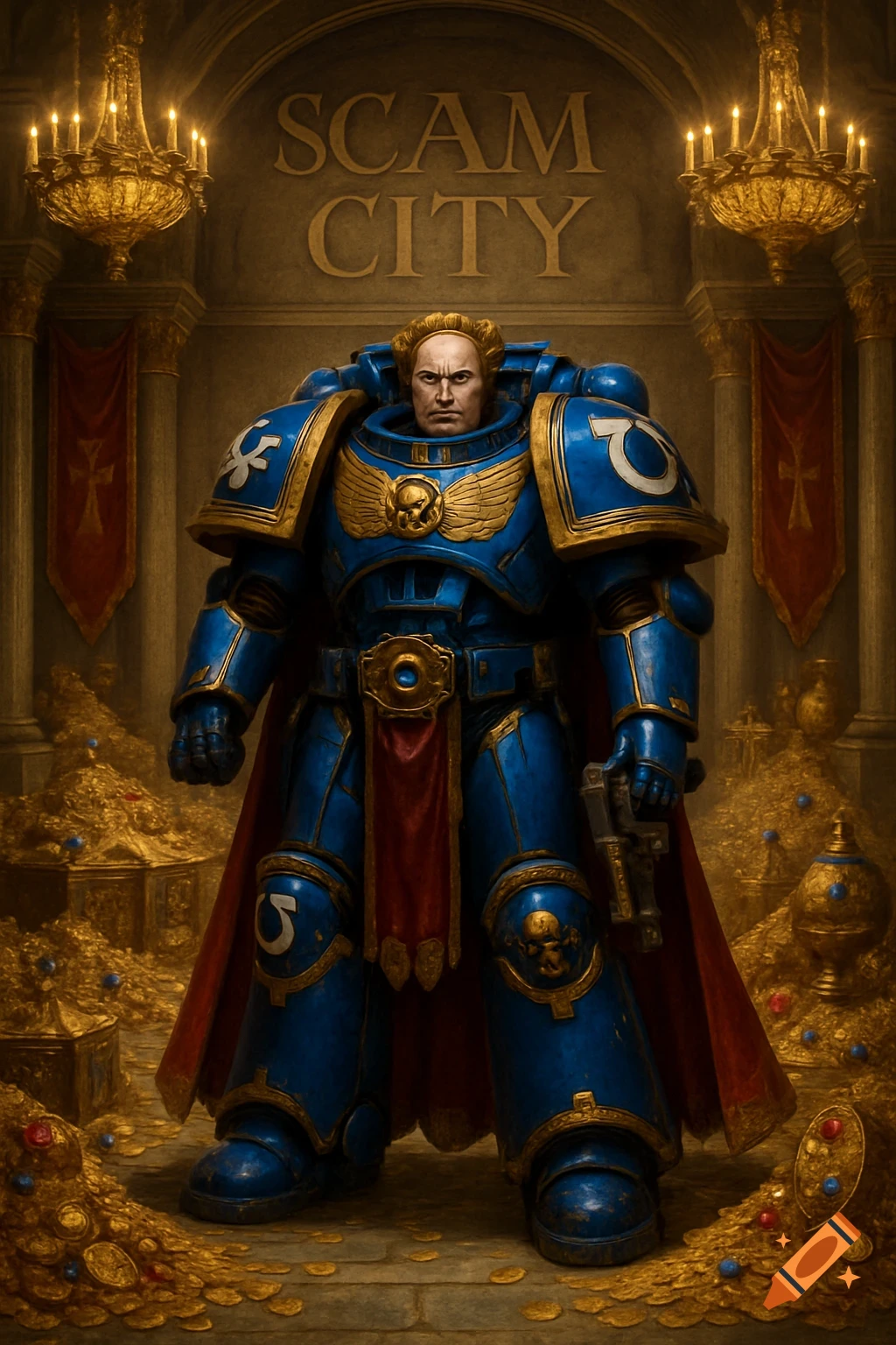 Marneus Calgar in blue and gold power armor stands in a grand hall filled with treasure, 'SCAM CITY' inscribed above.