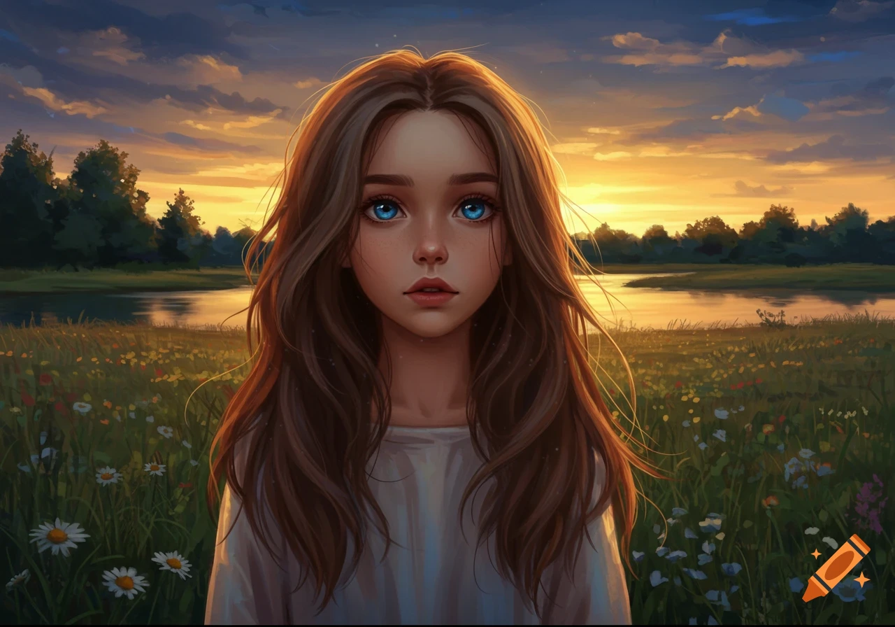 Digital painting of a brown-haired girl with blue eyes in a wildflower field by a lake at sunset.