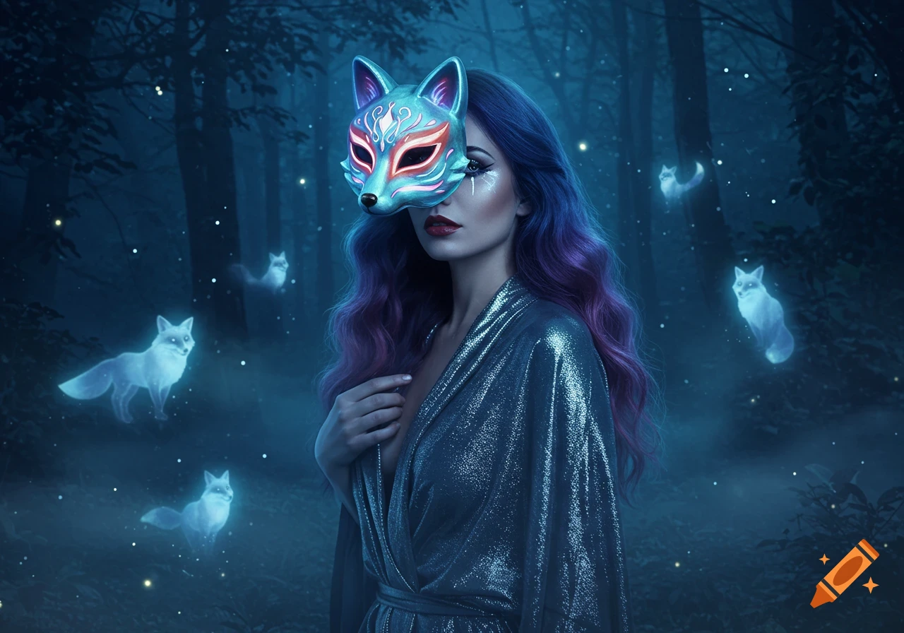 Woman in a shimmery robe and fox mask in a dark, misty forest with glowing spirit foxes.