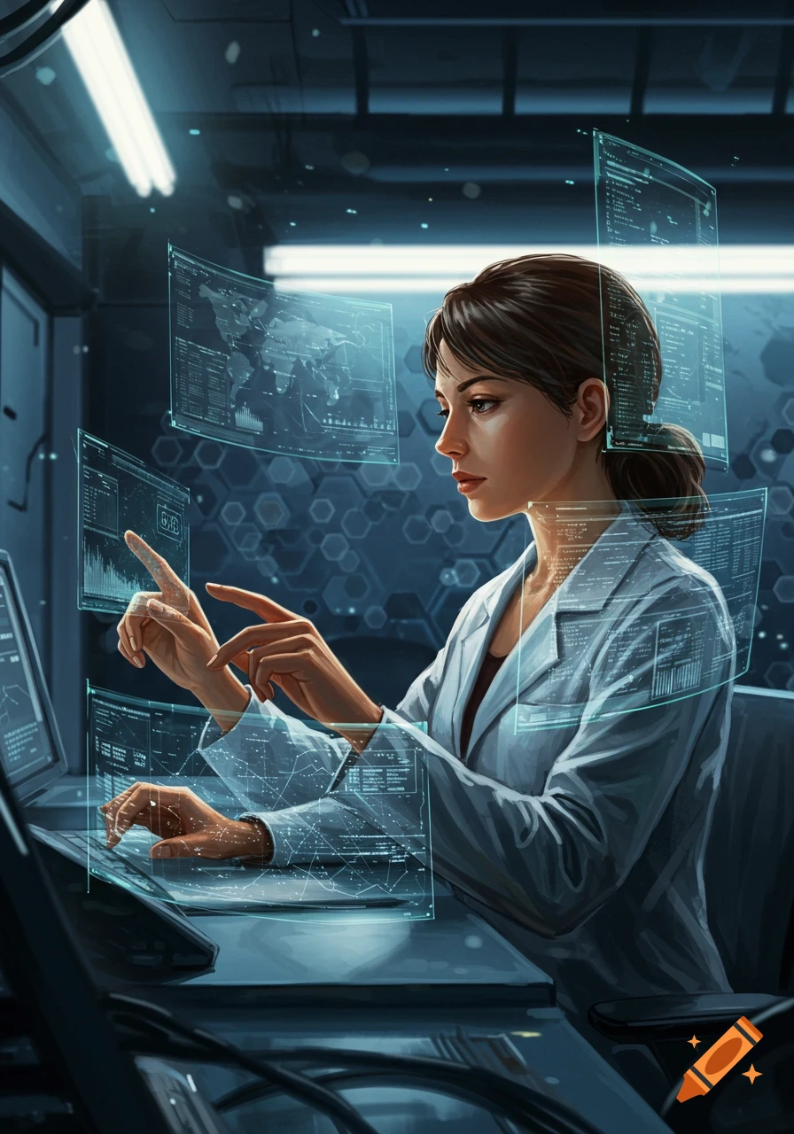 A woman scientist in a white lab coat interacts with holographic data screens in a futuristic lab, digital art.