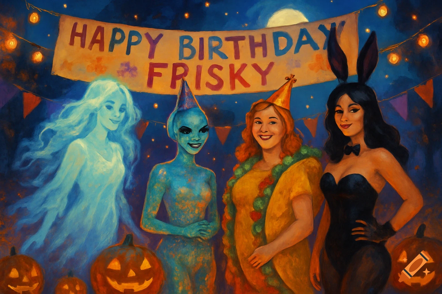 A painterly Halloween-themed birthday party scene with a ghost, an alien, a woman in a taco costume, and a bunny girl under a "Happy Birthday Frisky" banner.