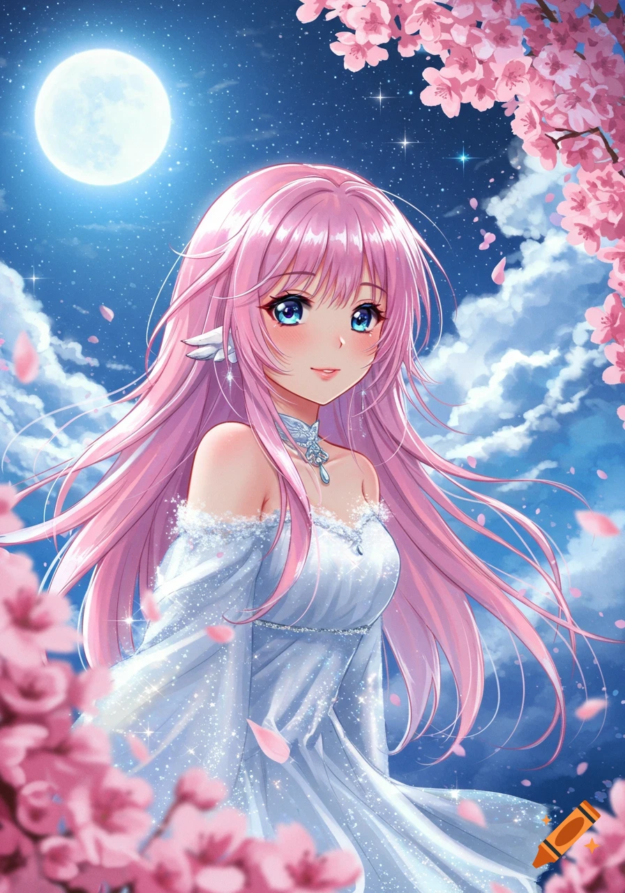 An anime girl with long pink hair and blue eyes, wearing a white sparkling dress, stands under a full moon surrounded by pink cherry blossoms.