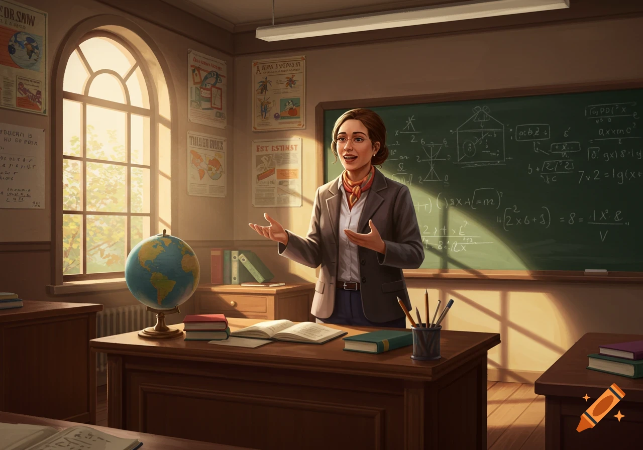 An illustrated female teacher in a classroom, standing in front of a blackboard with equations and various posters on the walls. A globe is on a desk in the foreground.