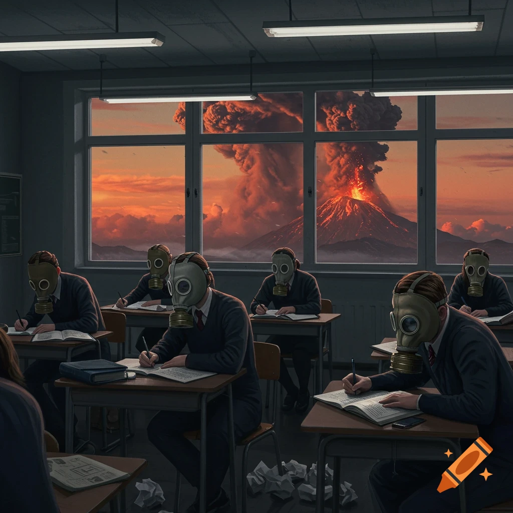 Students in gas masks write at desks in a dark classroom, with a massive volcanic eruption visible through the window.