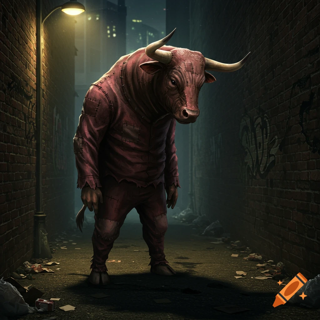 A humanoid bull creature in a tattered red suit stands in a dimly lit, grimy urban alleyway.