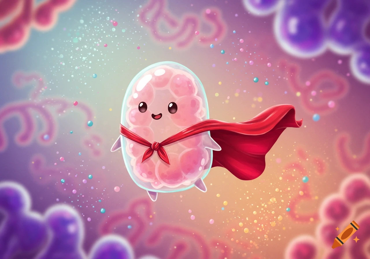 A cute, smiling pink cell in an oval shape, wearing a red superhero cape, floats amidst colorful sparkling particles and blurred microscopic shapes in a vibrant cartoon style.