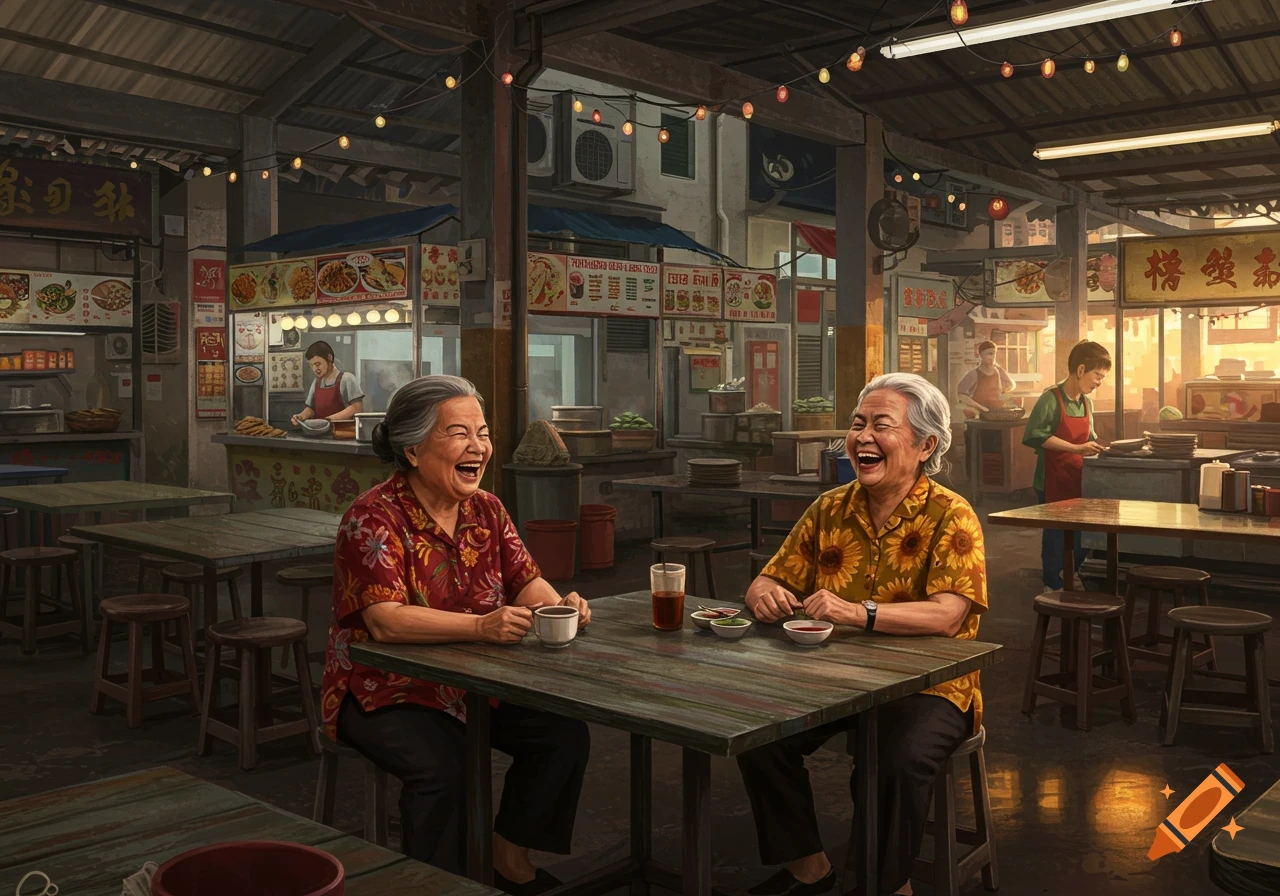 Two elderly Asian women laugh while sitting at a table in a bustling hawker center with food stalls and string lights.