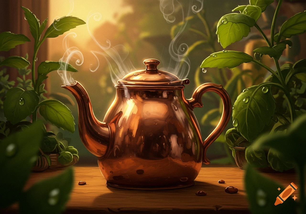 A steaming copper teapot sits on a wooden surface surrounded by lush green plants with water droplets, bathed in warm sunlight.