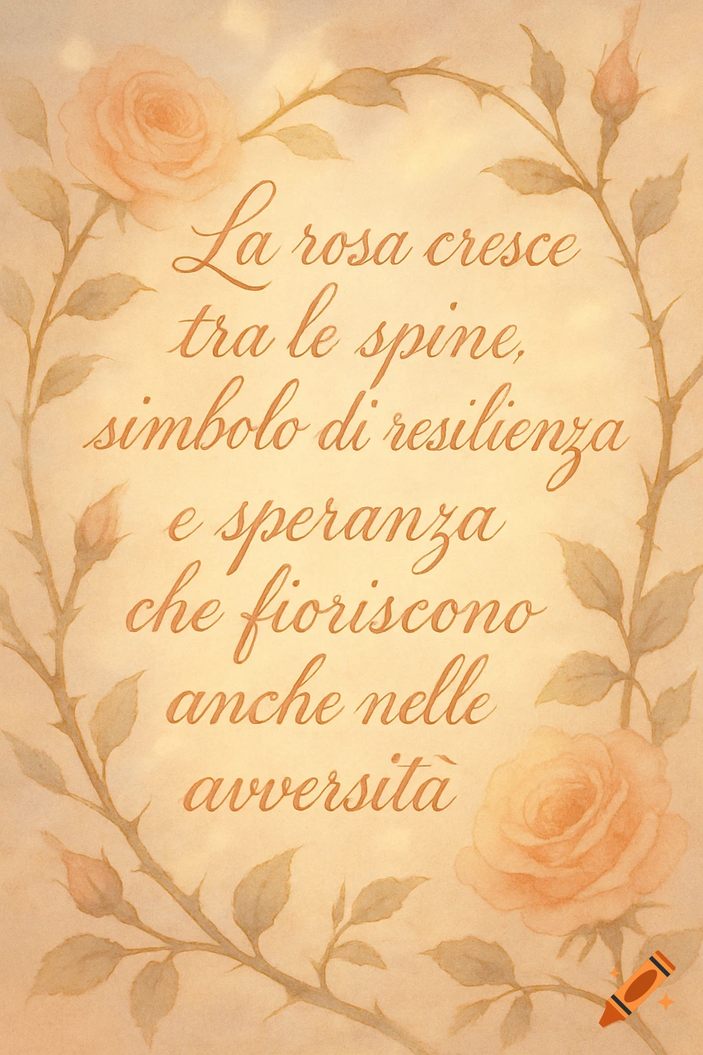 Watercolor illustration of a rose vine border with roses and an Italian quote on resilience and hope.