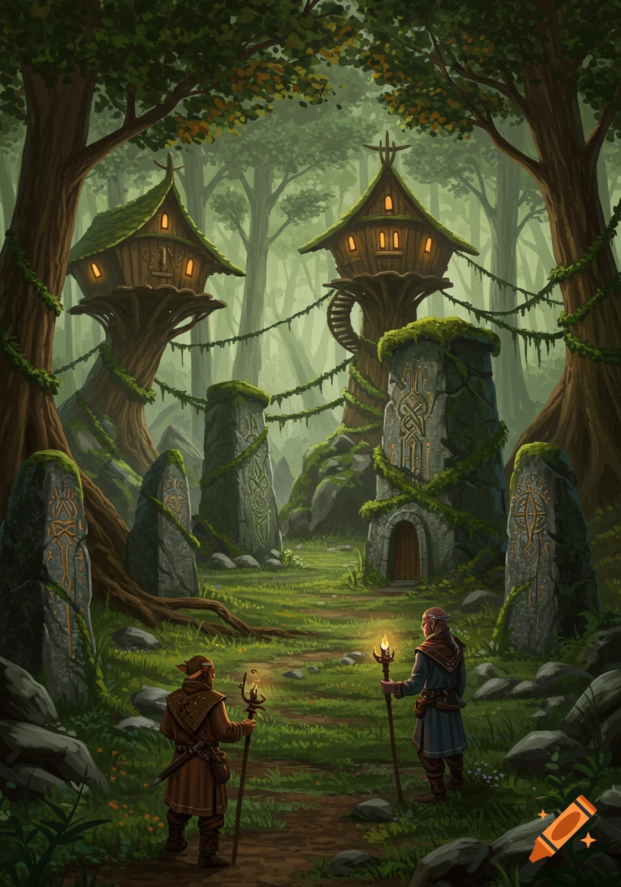 Two robed figures with torches walk towards tree houses and ancient rune-carved stones in a lush, misty fantasy forest.