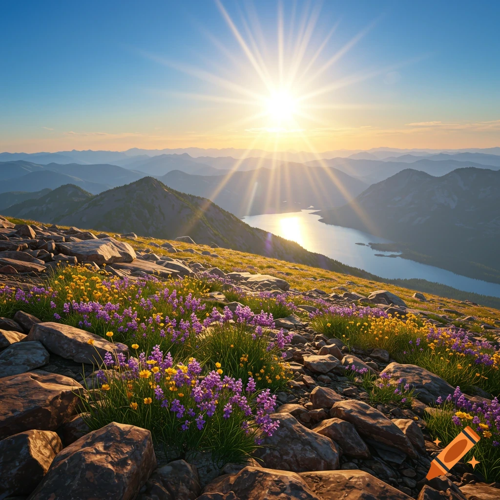 A bright sun sets over a mountain range with a lake, wildflowers, and rocky terrain in the foreground.