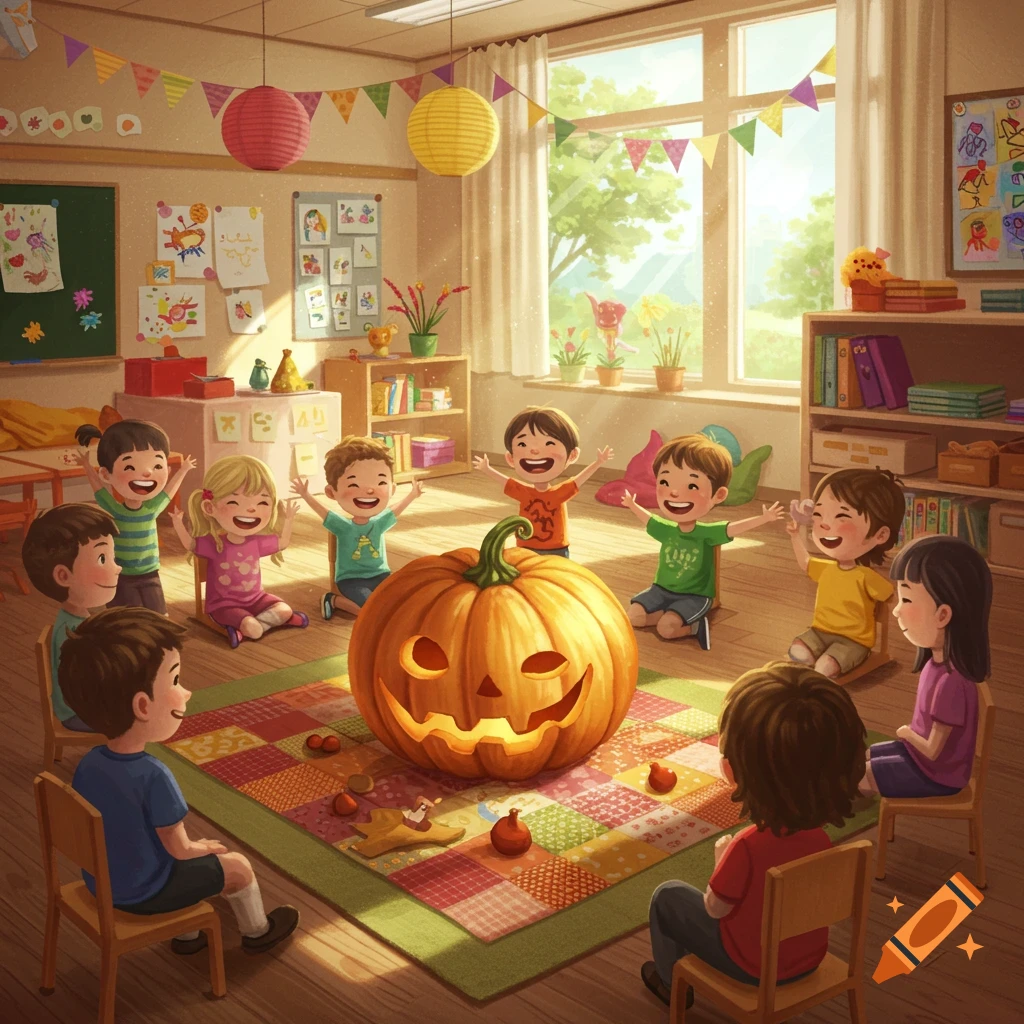 Happy preschool children in a sunny classroom gathered around a glowing jack-o'-lantern on a colorful rug.