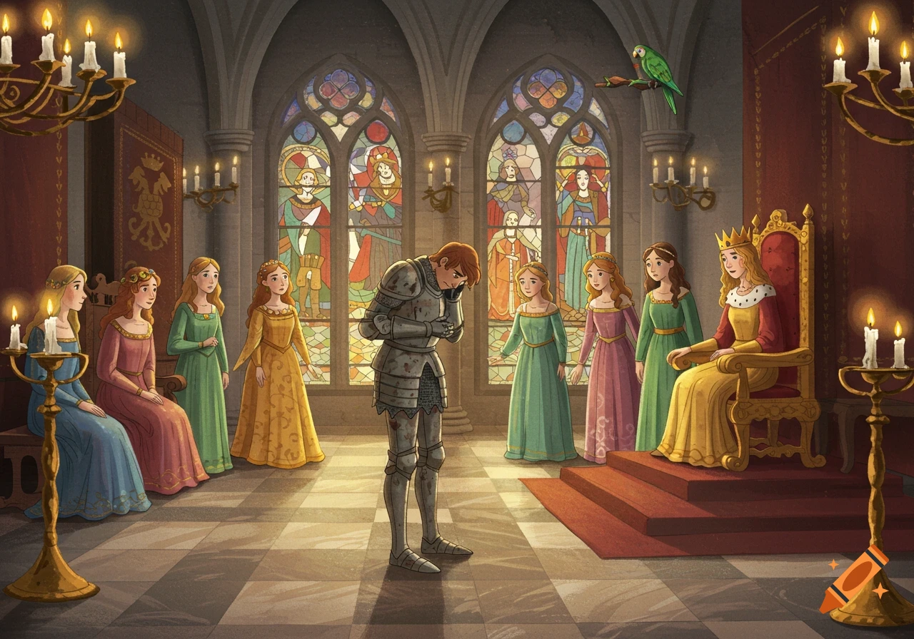 In a grand hall, a knight stands ashamed before a queen and a court of women, in a children's book illustration style.