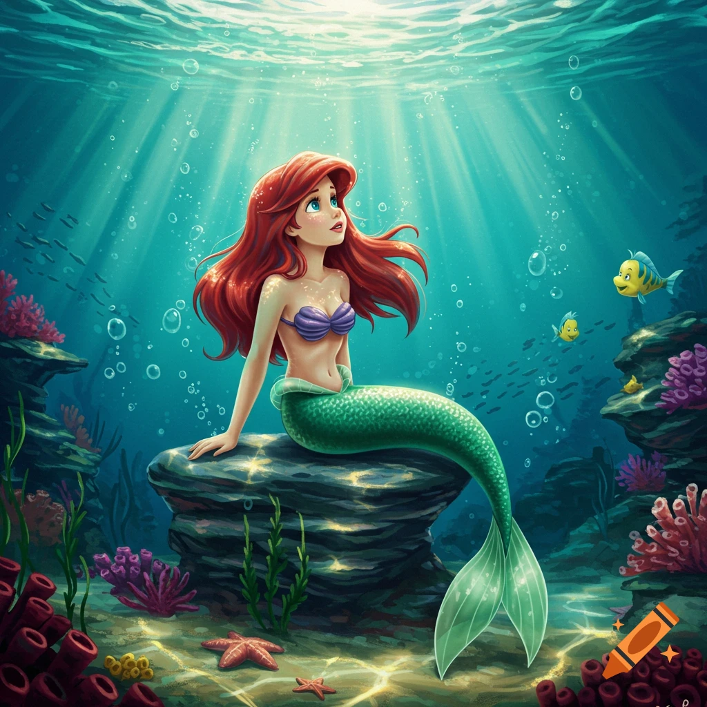 Red-haired mermaid Ariel sits on a rock underwater, surrounded by fish and coral, looking up at light rays from the surface in a cartoon style.